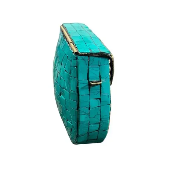 Ramla Handmade Moroccan Turquoise Tile Mosaic Clutch Crossbody with Gold Chain - Picture 5 of 9